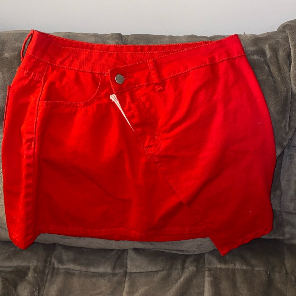 Red asymmetric jean skirt
